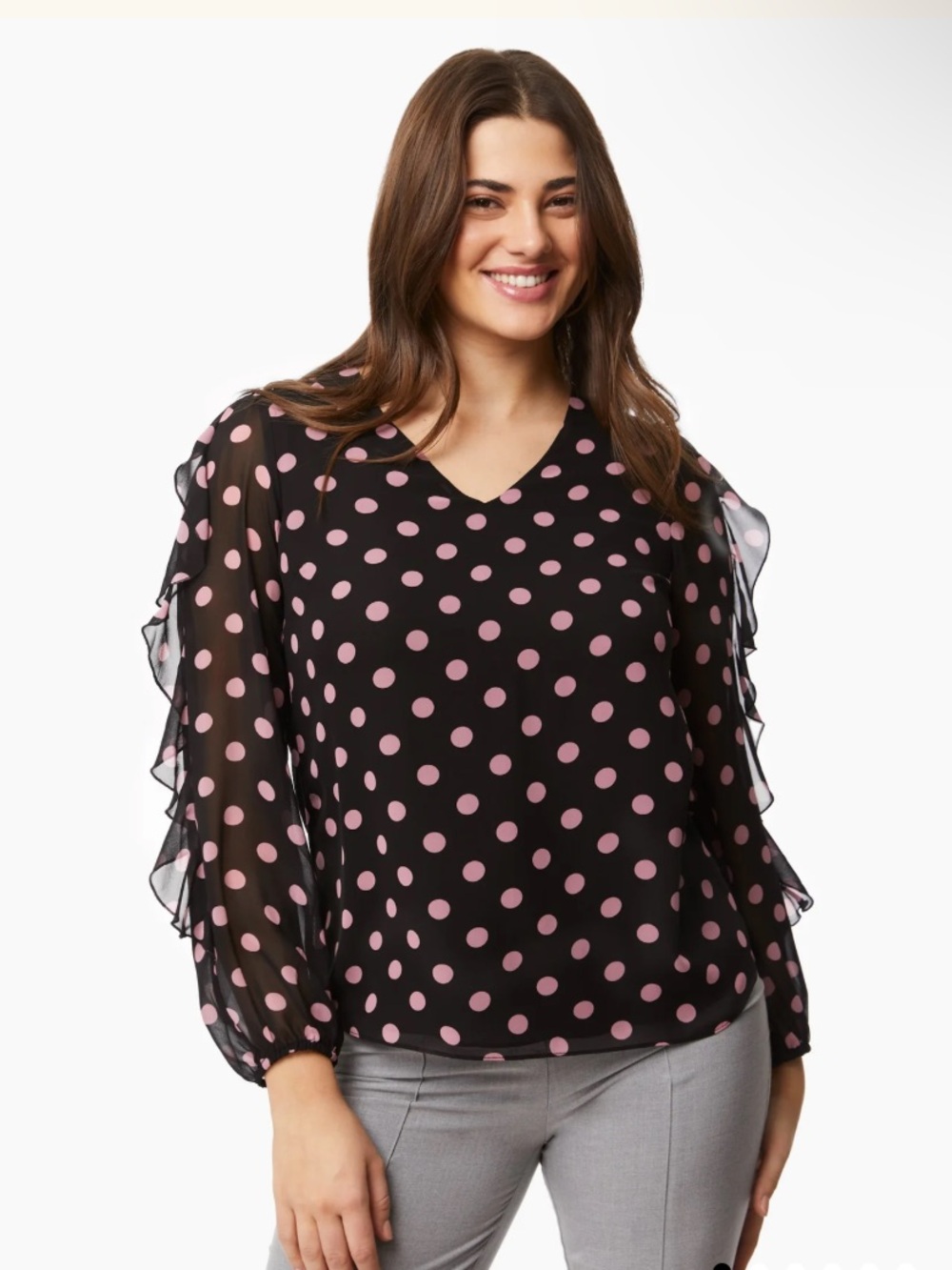 Laura | Black Polka Dot Ruffle Sleeve Long Sleeve Blouse